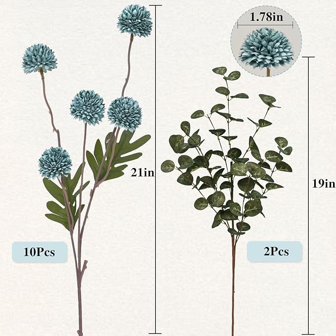 Waipfaru 10pcs Fake Silk Pompon Mum Artificial Flowers, Bulk Faux Mini Chrysanthemums with 2pcs Eucalyptus Stems, for Centerpieces Wedding Fillers Champagne Arrangements Shower Decorations, Blue