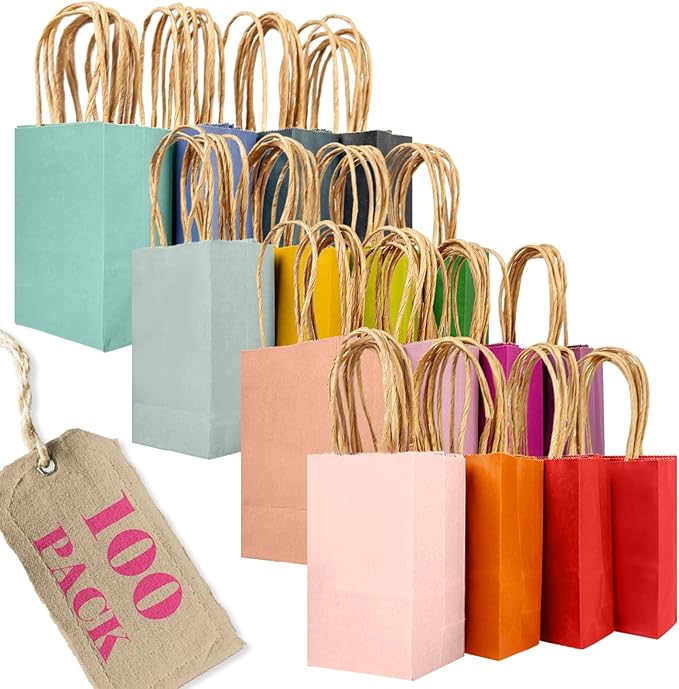 qiqee 100Pcs Mini Size Paper Gift Bags with Handles - 4.5"×2.5"×6" Kraft Small Party Bags - 16 Solid Colors