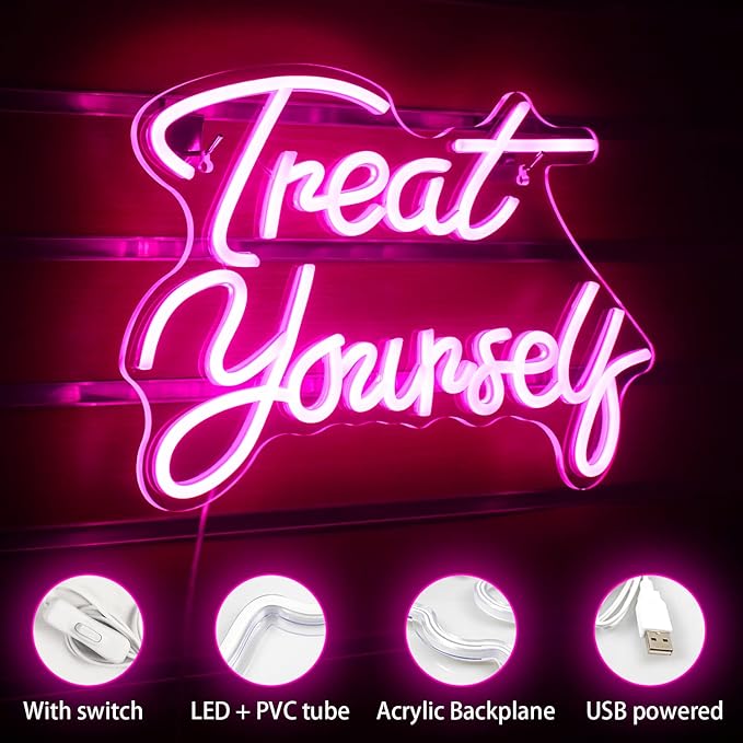 Wanxing Treat Yourself Neon Signs Pink Led Sign for Bedroom Wall Letter Neon Lights Wedding Signs Neon Room Decor for Birthday Gift Party Home Decor Bar