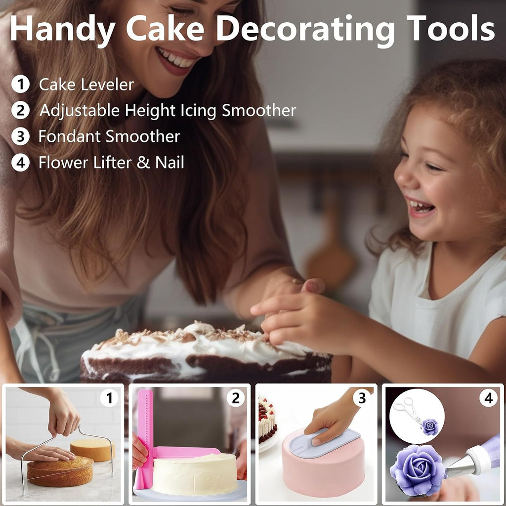 200PCs Cake Decorating Supplies Kit for Beginners - Cake Turntable, 55 Icing Piping Tips, Straight & Offset Spatula, 110+1 Piping Bags, Cake Leveler, Scraper Sets & Baking Tools