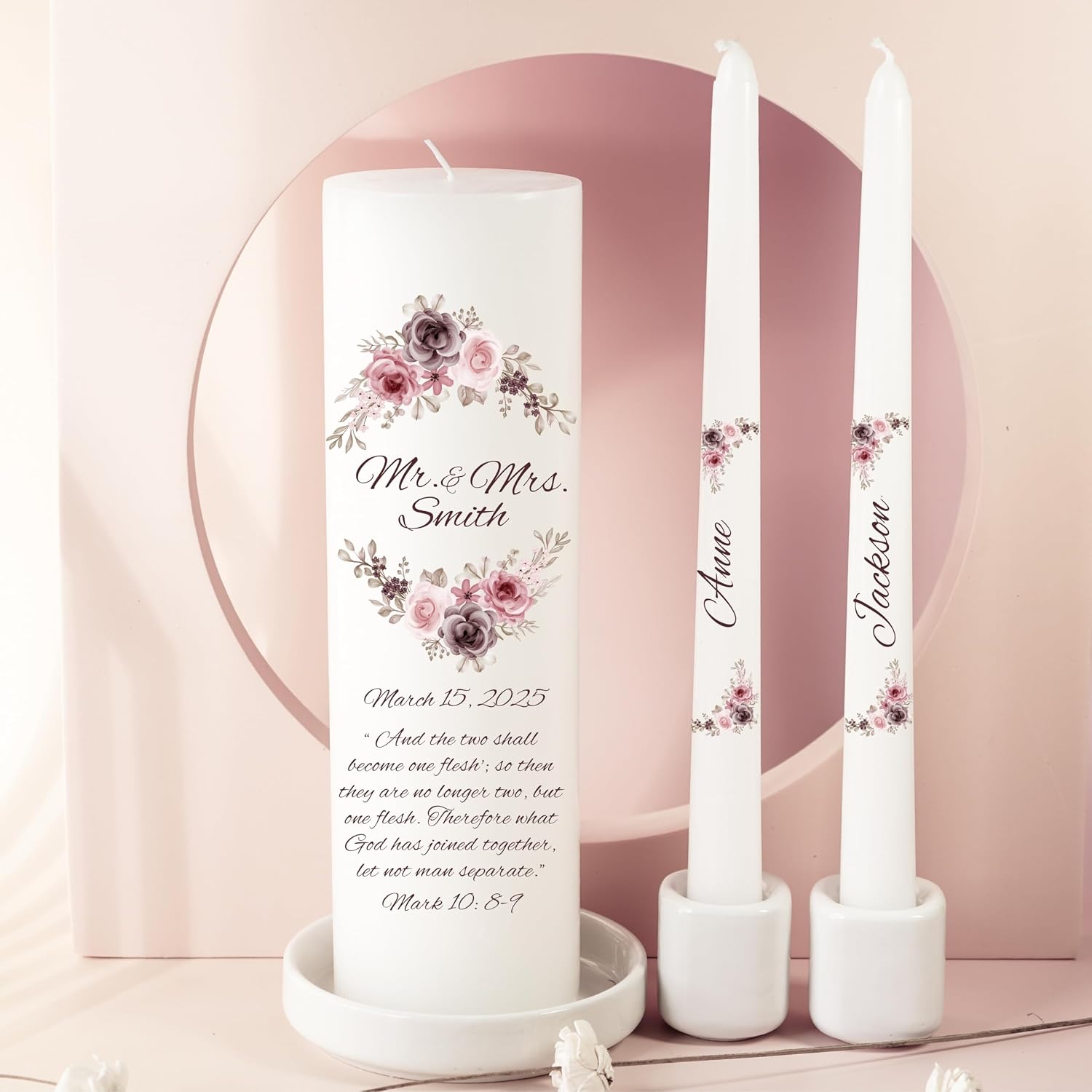 Unity Candles for Wedding, Mr and Mrs Modern Unity Set, Custom and Personalized Pillar and Taper Candles with Bible Quote, Unscented White Premium Wax, Religious and Wedding Ceremony, Special Events