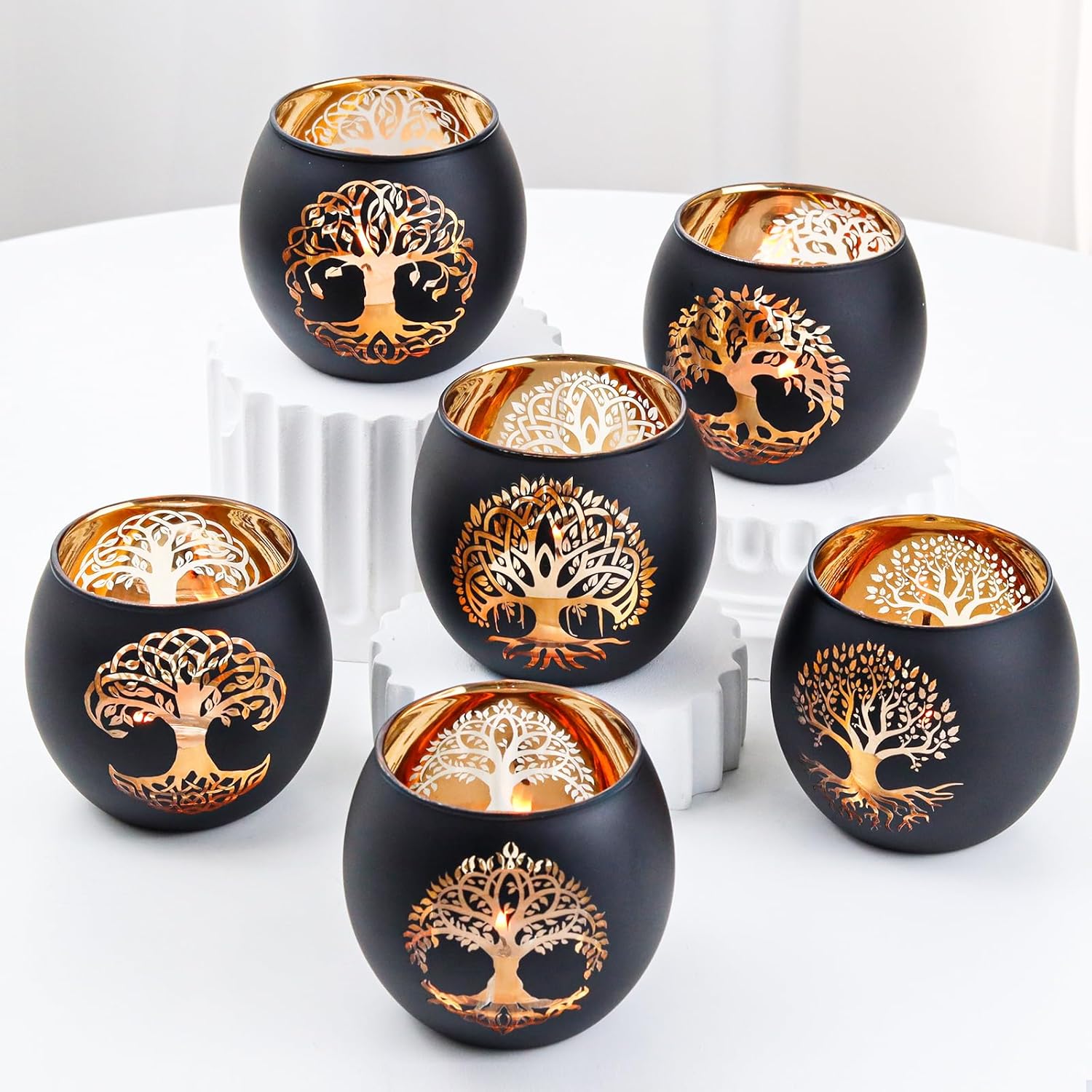 SHMILMH Black Gold Votive Candle Holders 6 PCS Tree of Life Glass Tealight Candle Holders Wedding Decorations for Reception, Birthday Party, Baby Shower, Bridal Shower Table Centerpiece Decor