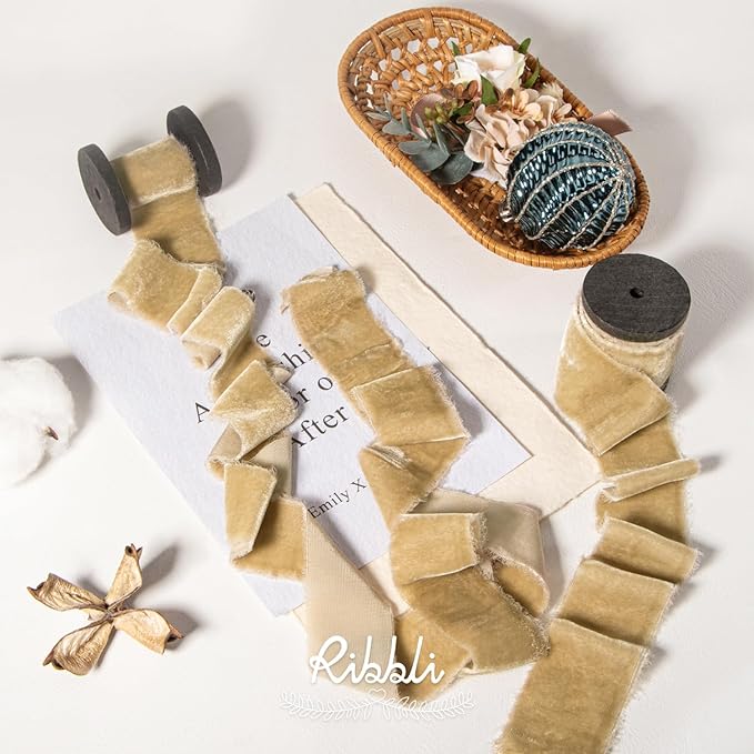 Ribbli Light Champagne Velvet Ribbon 1.5 Inch Handmade Frayed Christmas Ribbon for Gift Wrapping Christmas Tree Ornament Wreath Craft Home Decor -Total 3 Yards with Wooden Spool