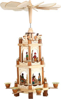 17 Inch Wooden Christmas Pyramid Windmill Candle Holders - 3 Tiers Carousel- Hand Painted Nativity Figurines - Turning Wings (005-Natural)