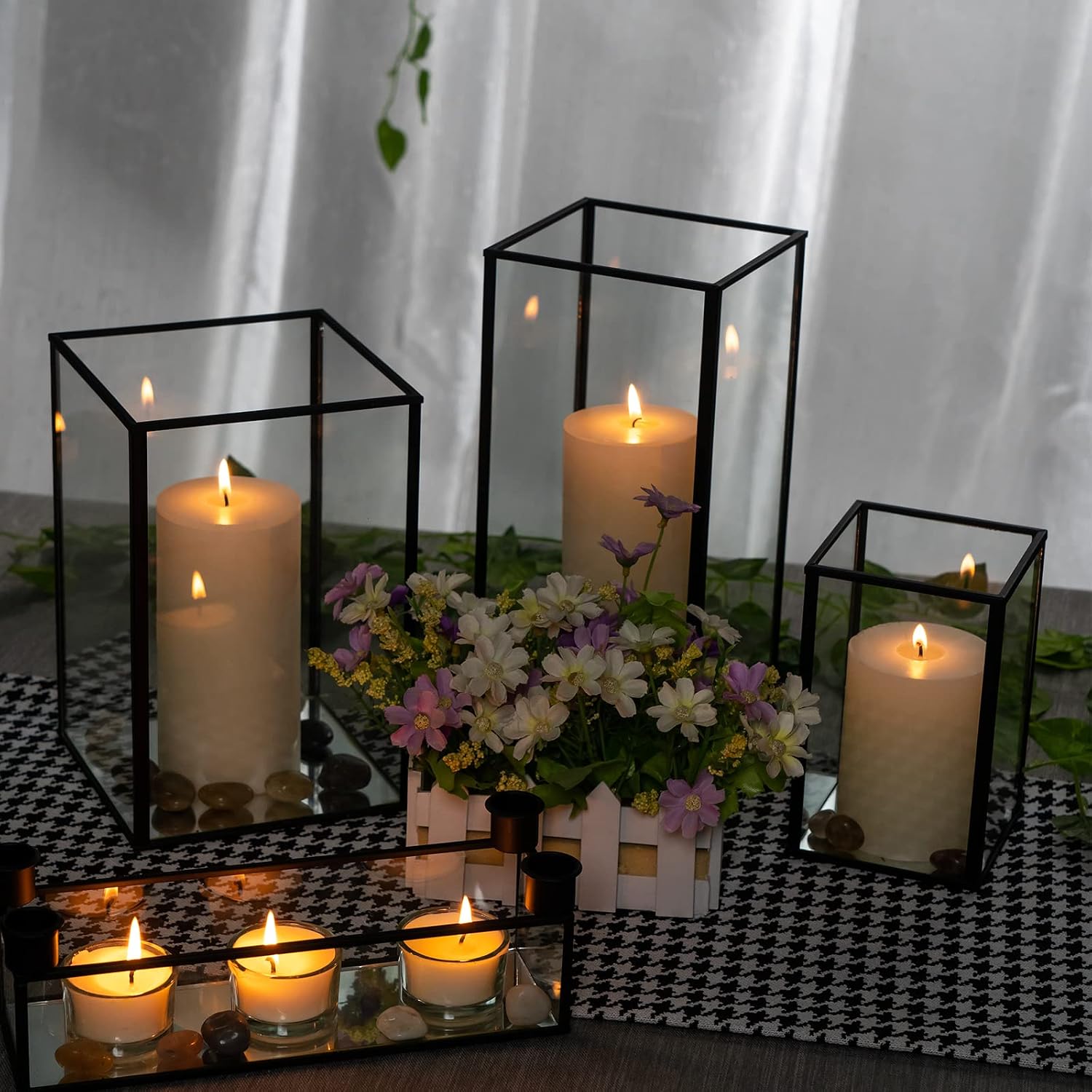yshengood Large Glass Hurricane Candle Holder Set of 3 PCS, Black Frame and Glass Hurricane Candleholders