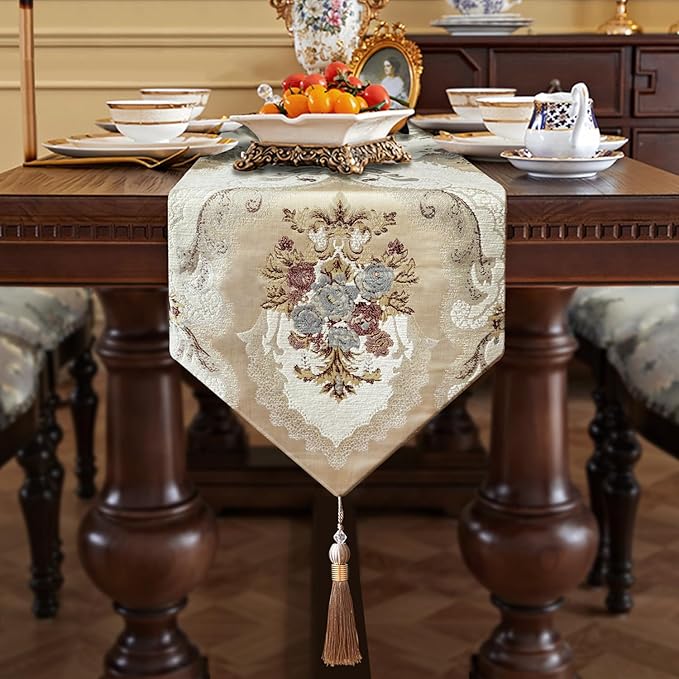HeMiaor Exquisite Table Runner with Chenille and Elegant Chic Jacquard Textured Damask Design with Beaded Tassels for Daily Decoration 120 inches Long Beige