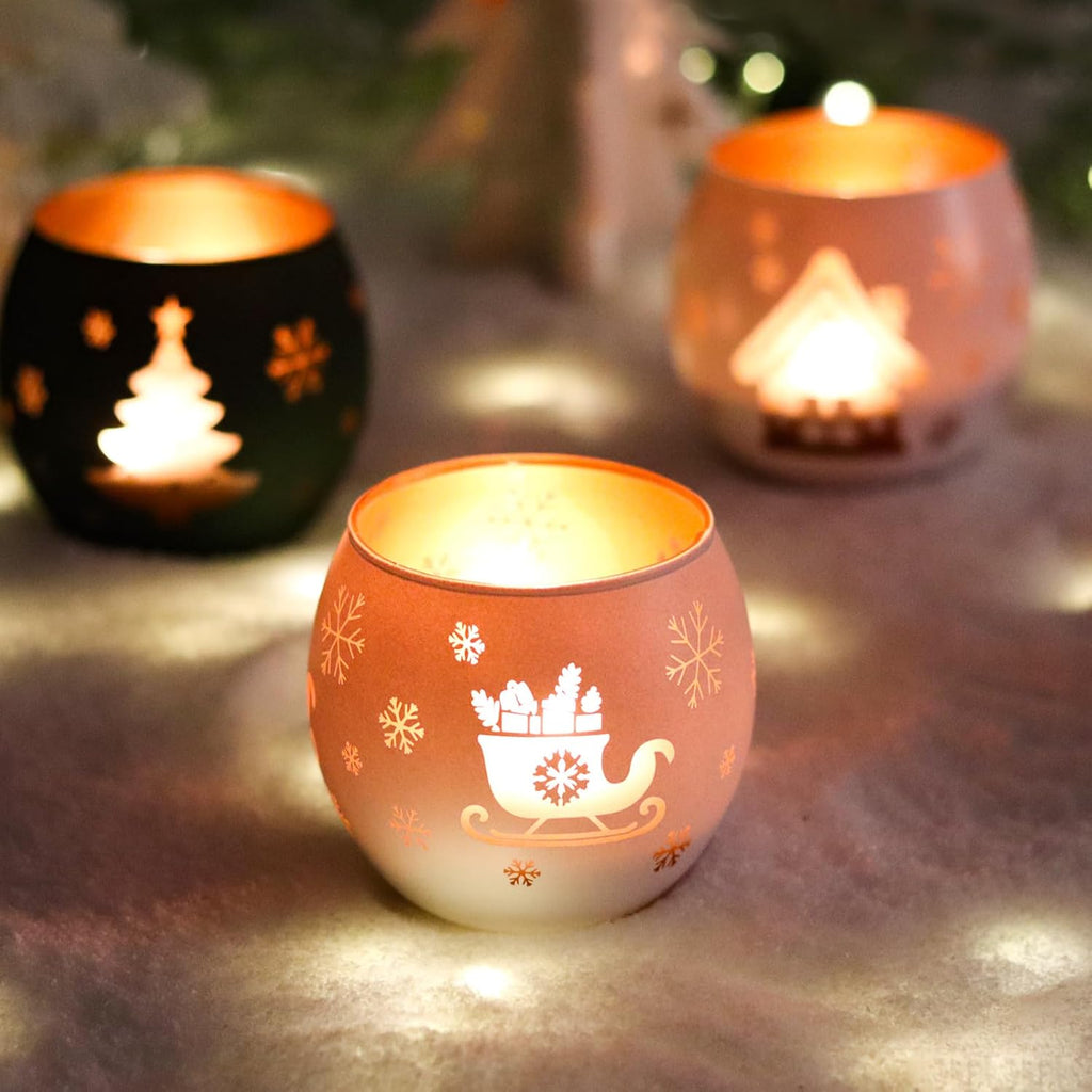 Christmas Candle Holders Set of 4, Frosted Glass Tealight Votive Holders with Snowflake, Reindeer, Christmas Tree Designs, Winter Holiday Table Centerpiece for Indoor Outdoor Decor (Red, Green, White)