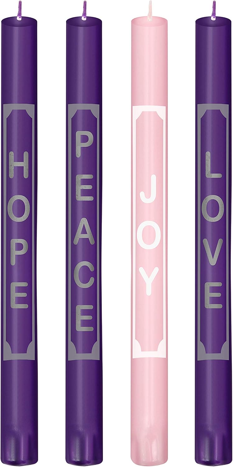 Advent Candles with Words Love, Peace, Hope, Joy On the Candles - Christmas Advent Candle Set of 4 for Advent Rings and Advent Wreaths- Premium Hand Made - Self Fitting End - for Church Advent Wreath
