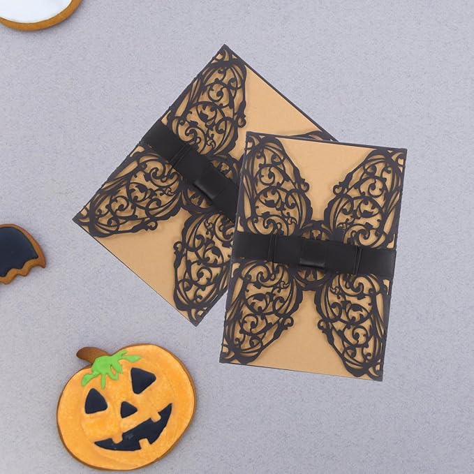 STOBOK Halloween Party Invitations - 10pcs Laser Cut Invitation Cards with Envelopes and Bowknots - Black Hollow Card Kits for Horror Party Supplies Weddings Baby Showers Event Celebrations 7.1x4.9in