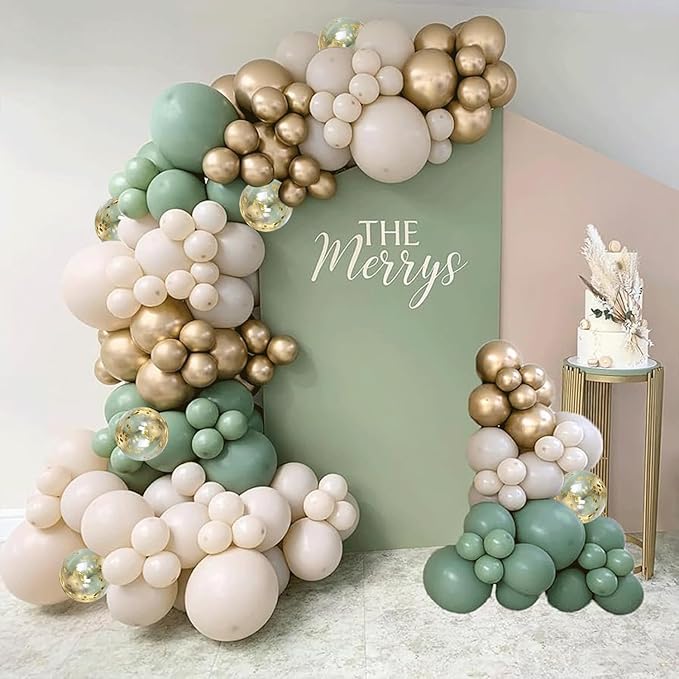 Sage Green White Sand Balloon Arch Kit, Green Beige Gold Metallic Balloons Garland Kit with Gold Confetti Balloons for Birthday Wedding Bridal Shower Bachelorette Party Decorations