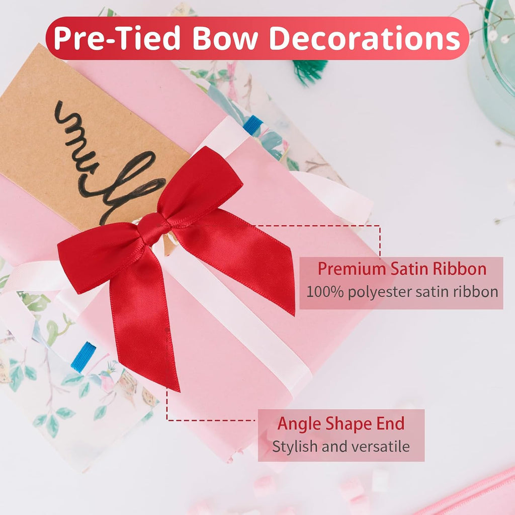 50Pcs Red Twist Tie Bows, 3.5'' Pre-Tied Satin Ribbon Small Red Bows for Gift Wrapping Treat Bags Crafts, Mini Bows Garland for Wedding,Birthday Party,Bridal Shower, Thanksgiving,Christmas Gifts