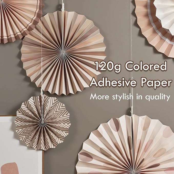 Boho Hanging Paper Fans White Brown Champagne Party Decorations Neutral Rustic Paper Fans Classroom Decoration for Baby Shower Birthday Wedding Bridal Party