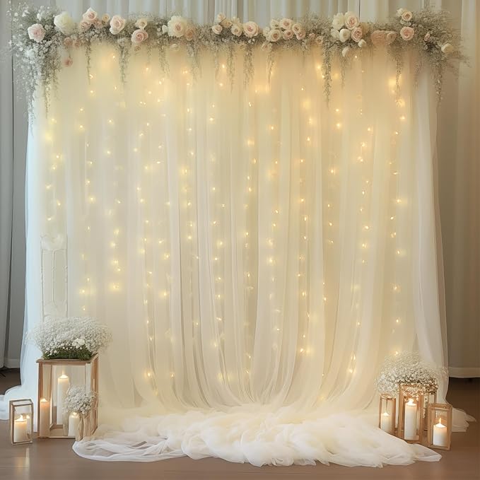 30×10ft Cream White Tulle Backdrop Curtain with Lights String for Parites, Sheer Photo Backdrop Curtains for Wedding Party Photography Background