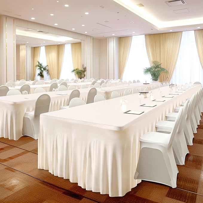 Wish Care 6 Pack Ivory Spandex Table Clothes for 8 Foot Rectangle Tables, 8FT Wrinkle Free Fitted Tablecloths Ruffles Design Table Cover for Party, Banquet, Wedding and Events