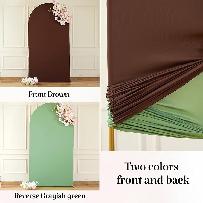 Brown Green Arch Backdrop Cover for Wedding, 7.2FT 6FT Set of 2 Stretchy Spandex Fitted Arch Stand Cover for Baby Shower, Birthday Party Decor, Chiara Backdrop Cover with Double-Sided Design