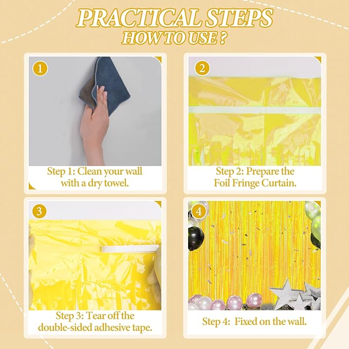 3 Pack Foil Fringe Backdrop - Pastel Yellow Shiny Tinsel Curtains for Party Decoration/Photo Booth Props - 3.3x8.2 FT Metallic Foil Backdrop for Birthday, Wedding, Graduation, Christmas.