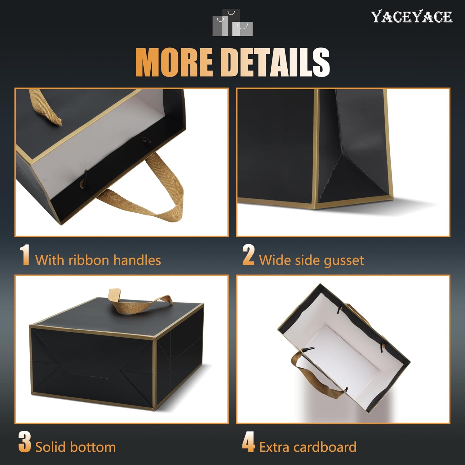 Medium Black and Gold Gift Bags With Handles - 10Pcs 8x4.25x10.5 Inch Bulk for Wedding, Party, Birthday, Retail