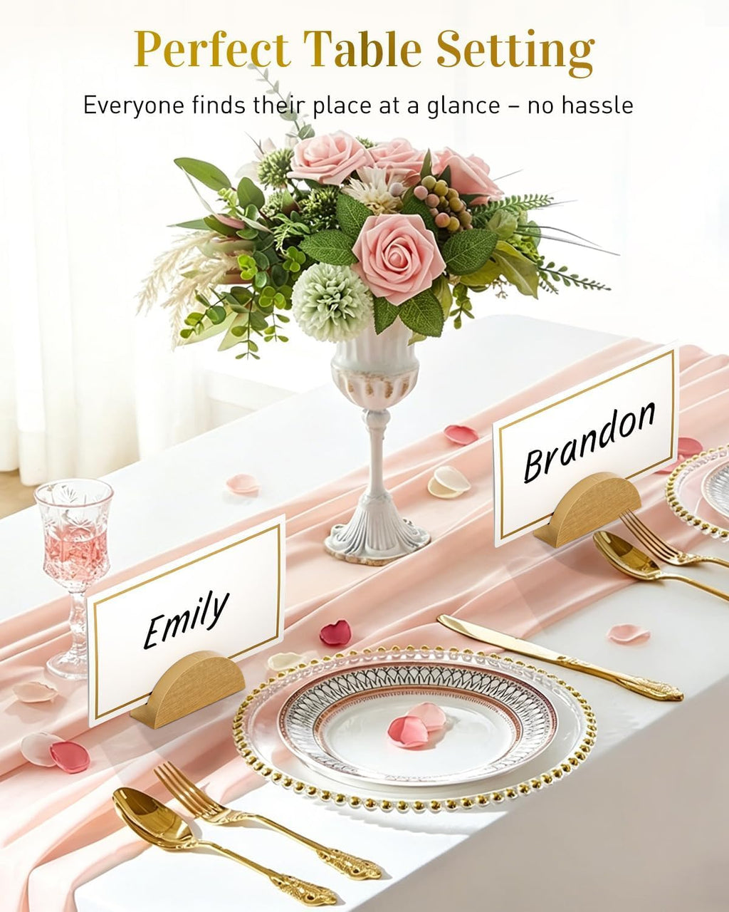 Uniclife 24 Pcs Place Card Holders for Wedding Party Tables | gold wood place card holders include 24 name cards and adhesive dots for wedding, birthday and party tables.