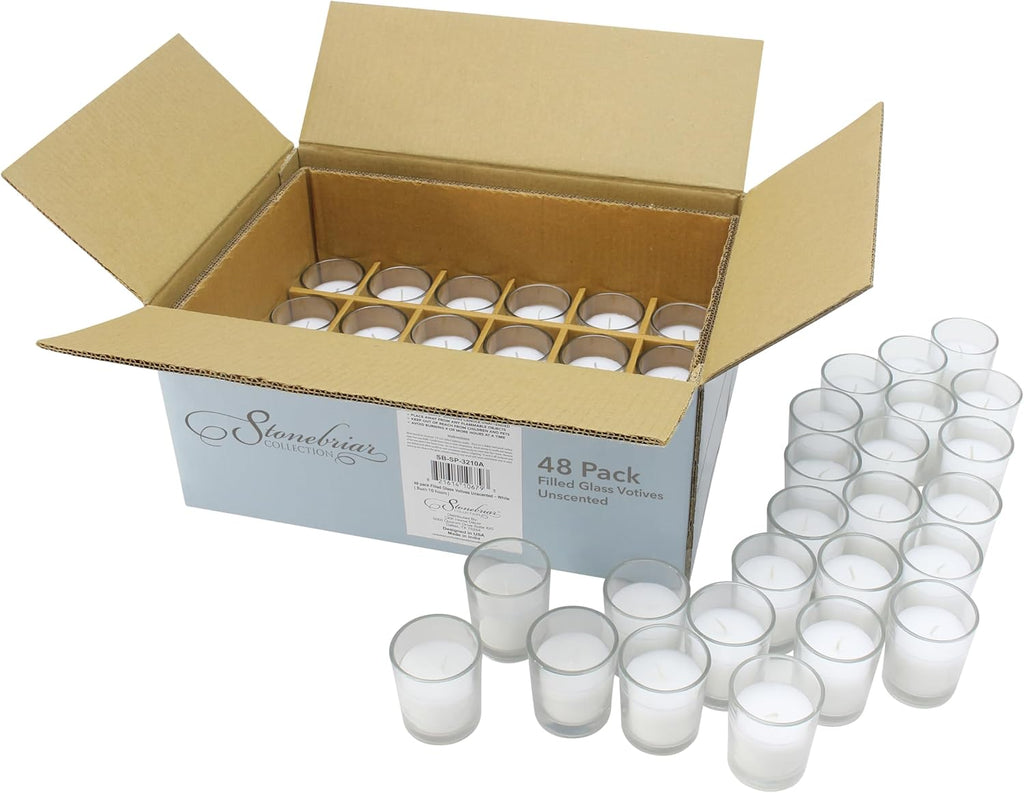 Stonebriar 12 Hour Long Burning Unscented Wax Filled Votive Holders, 48 Pack, White