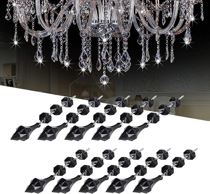 Buachois 10Pcs Clear Acrylic Crystal Ornament Beads Garland Chandelier Hanging Crystals for Wedding Party Celebration Christmas Tree Decor Black