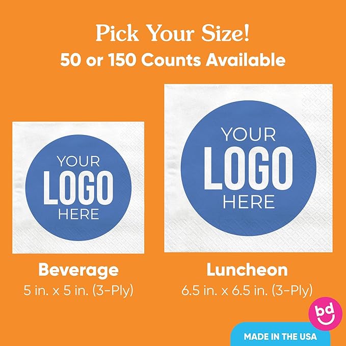Big Dot of Happiness Custom Logo Party Napkins, Personalized Corporate Branded Business Decor, Your Logo Here White 3-Ply Paper Beverage Napkins - 50 Count