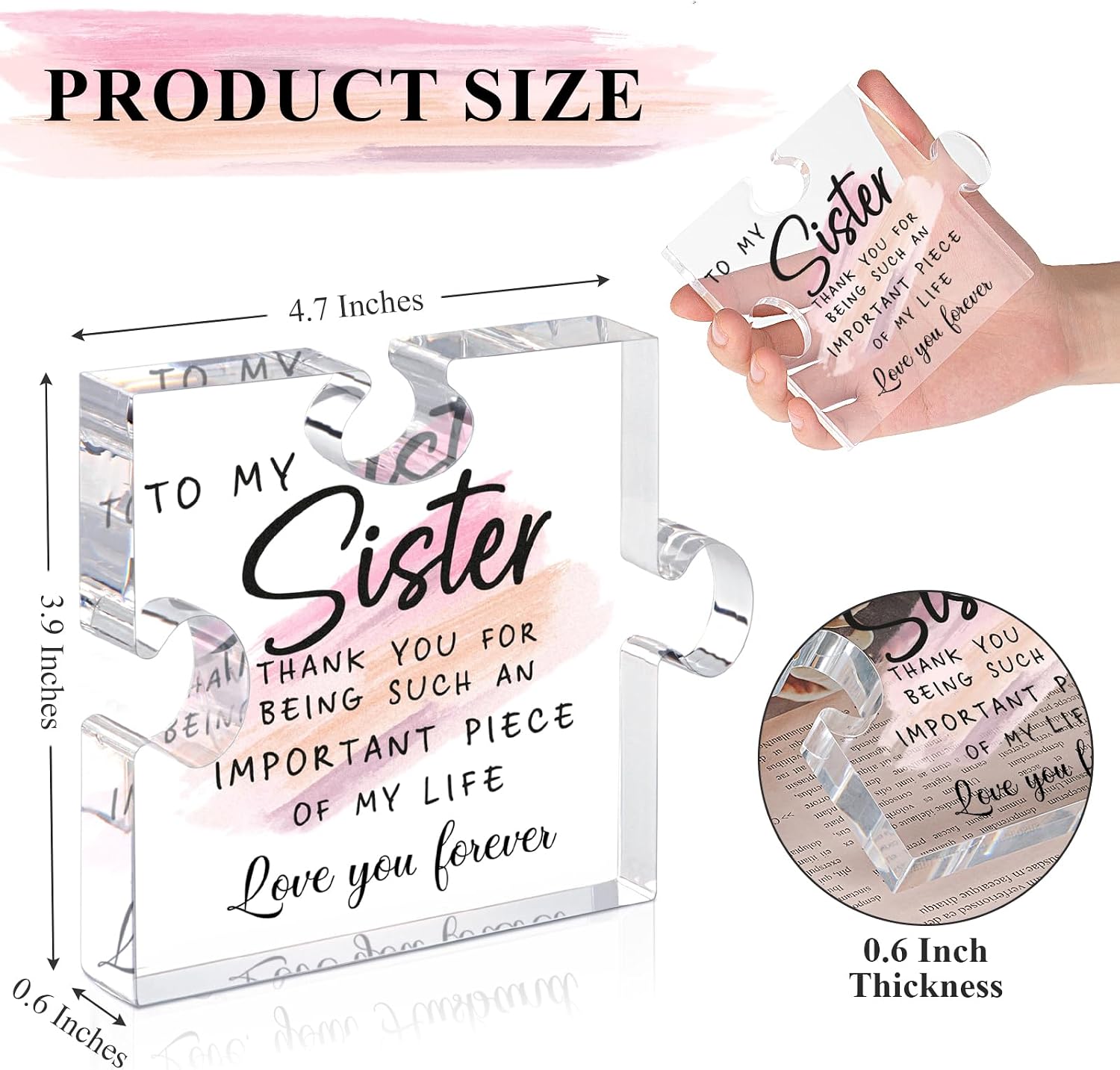 LukieJac Sister Gifts from Sister - Unique Sister Birthday Acrylic Puzzle-Shaped Plaque Desk Decorations Present for Big Sister Mothers Day Christmas Wedding from Sister Brother