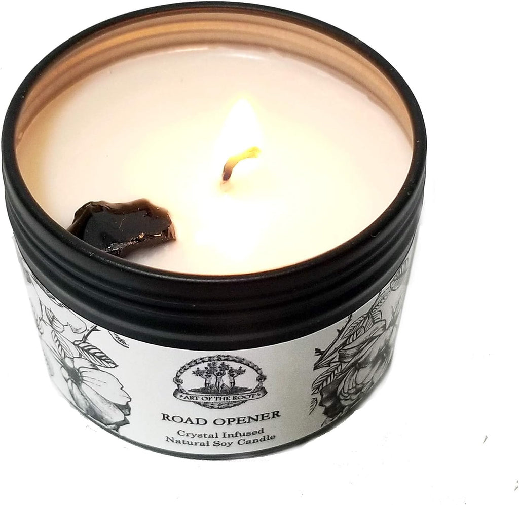 Road Opener Mini Spell Set | 4 oz Soy Candle with a Black Obsidian Crystal & a 1/2 oz Oil | New Beginnings, Success & Clearing Obstacles Rituals | Wiccan, Pagan, Hoodoo, Conjure, Magick