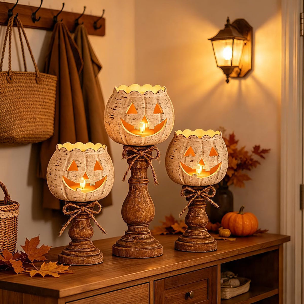 Rustic White Pumpkin Tealight Candle Holder Set, Farmhouse Halloween Pumpkin Tea Light Candle Holders Decor, Fall Tables Centerpieces for Thanksgiving & Halloween Party