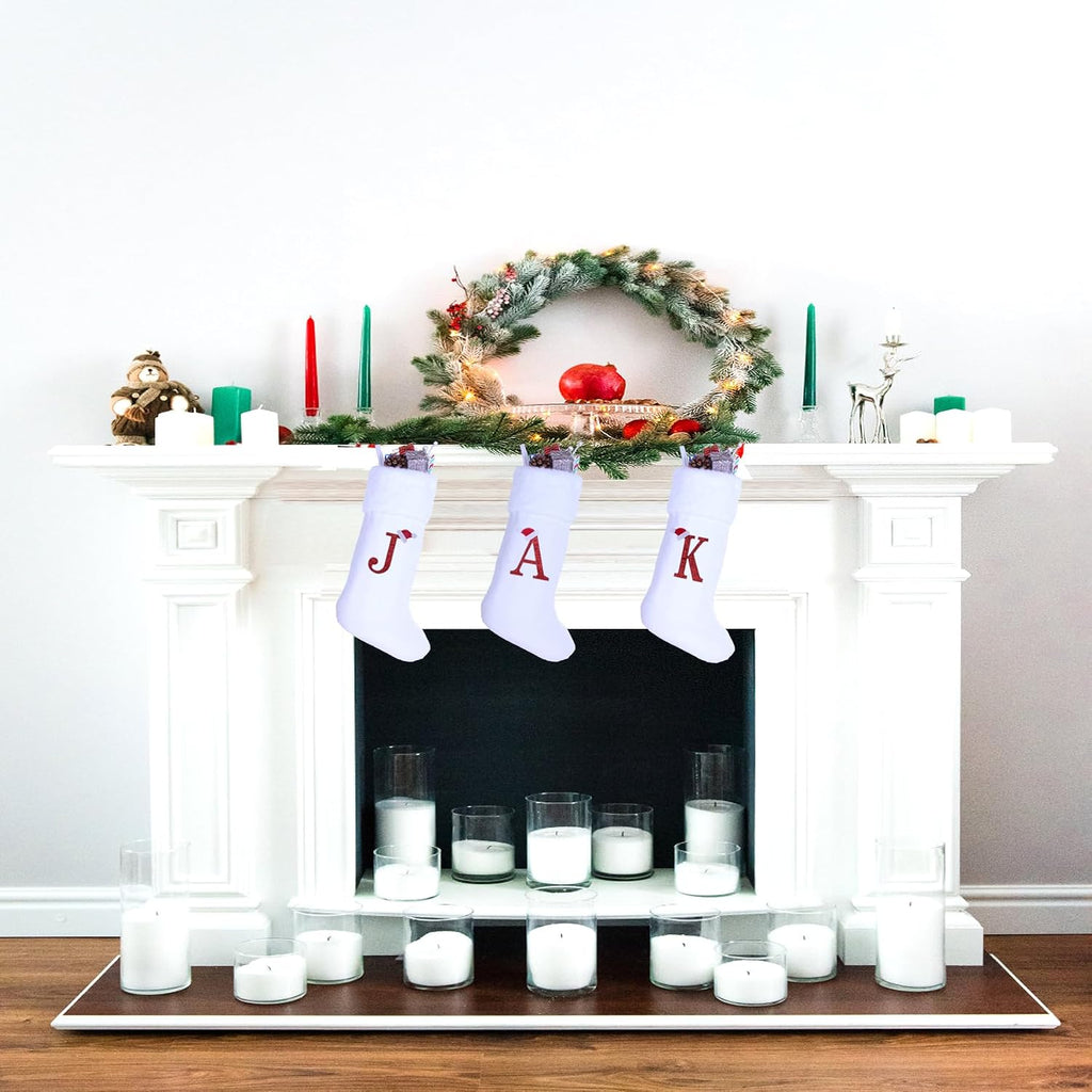 20 Inches Monogram Christmas Stockings with Letters, Large Super Soft Christmas Stockings White Velvet with Super Soft Plush Cuff for Xmas Tree Holiday Fireplace Red Letter J
