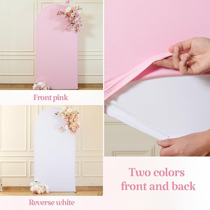 7.2FT 6FT Arch Backdrop Cover for Wedding, Set of 2 Stretchy Spandex Fitted Arch Stand Cover for Baby Shower, Birthday Party Decor, Chiara Backdrop Cover with Double-Sided Design(White, Pink)