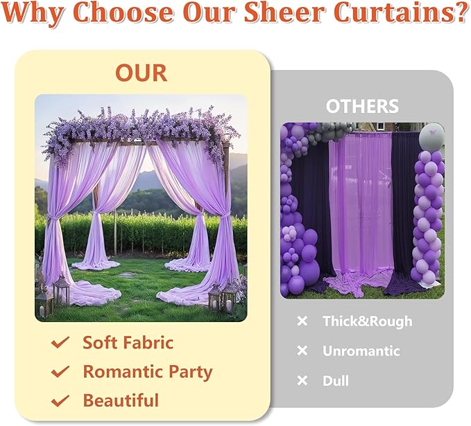 DUOBAO Chiffon Backdrop Curtain-2 Panels 29x96-Inch Wedding Backdrops Drapes Lavender Sheer Curtain Panels Tulle Drape Chiffon Fabric Photography Background for Party (29''x96''x2pcs, Lavender)
