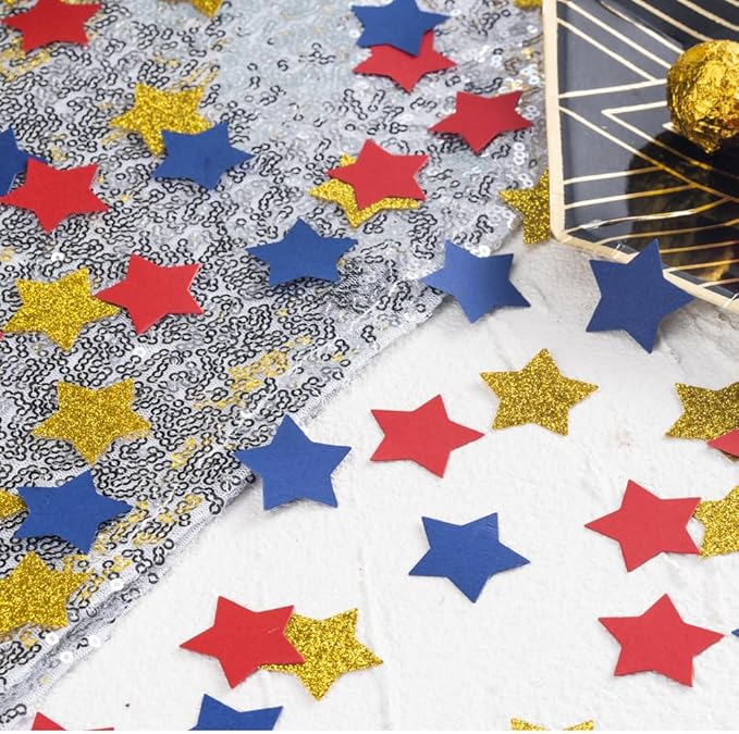 MOWO Gold Blue and Red Star Confetti Table Decoration for 4th July Graduation Retirement Theme Party,1.2 inch in Diameter,200 Counts