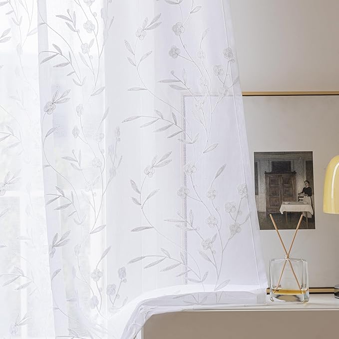 White Sheer Curtains Embroidery 63 Inch Length Rod Pocket Voile Drapes for Living room, Bedroom, Window Treatments Semi Flower Pattern Curtain Panels for Kitchen, Yard, Farmhouse, Set of 2, 52"x 63".