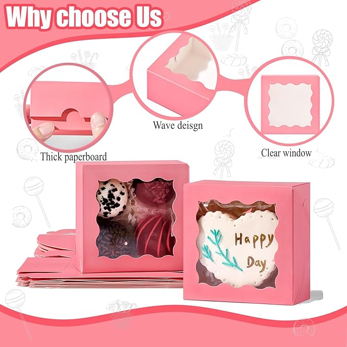 RomanticBaking 3 ¼" x 3 ¼" x 1 ½" 100PCS Chocolate Truffle Boxes for 4，Cookies Boxes Soap Boxes Donut Boxes Macaron Boxes Mini Bakery Boxes with Window Brownie Box