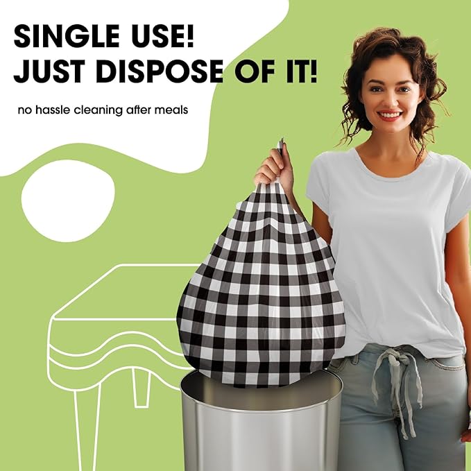 Pureegg Plastic Table Cloth Disposable 10 Pack, 84'' Round Table Cloths, Party, Picnic, Decorative Gingham Tablecloths, Round, Black and White Checkered Cover, Leakproof & Sturdy, Black Plaid
