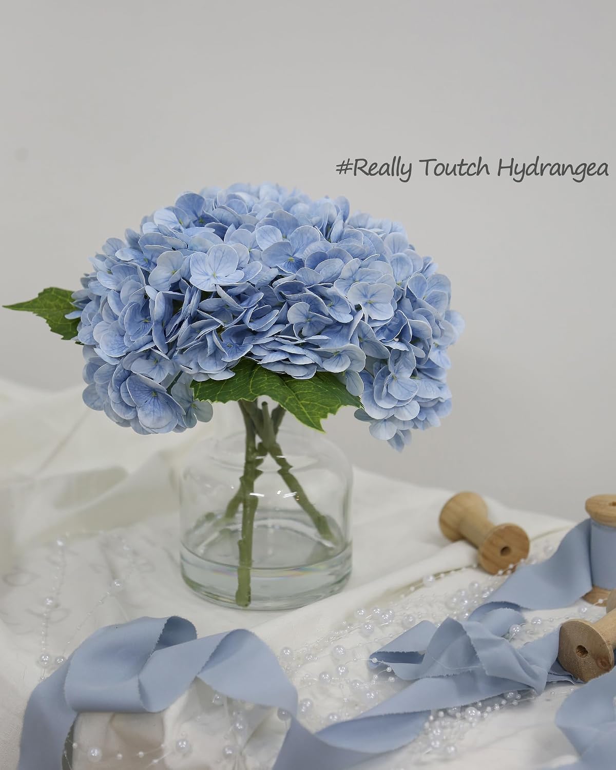 Lifelike Artificial Hydrangea Arrangement in Decorative Vase - Real Touch Fake Flowers for Home, Office, Bathroom or Water Bar Decor, Elegant Table Centerpiece (No Water Needed) (Linght Blue)