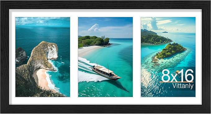 Vittanly 8x16 Collage Picture Frame, Displays 3Pcs 5x7 Pictures with Mat, Picture Frames Collage Wall Decor for Horizontal or Vertical Display, Black, 1 Pack