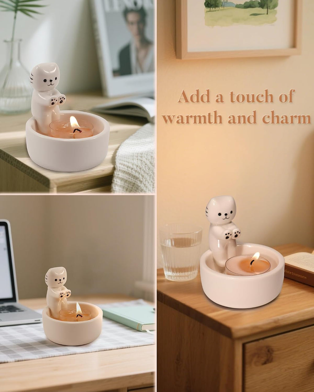 Cat Candle Holder with 4 Scented Tealight Candles & Free Keychain, Cute Ceramic Kitten Candlestick, Cartoon Cat Paw Candle Decor, Cat Lover Gift for Women, Home Aromatherapy Set