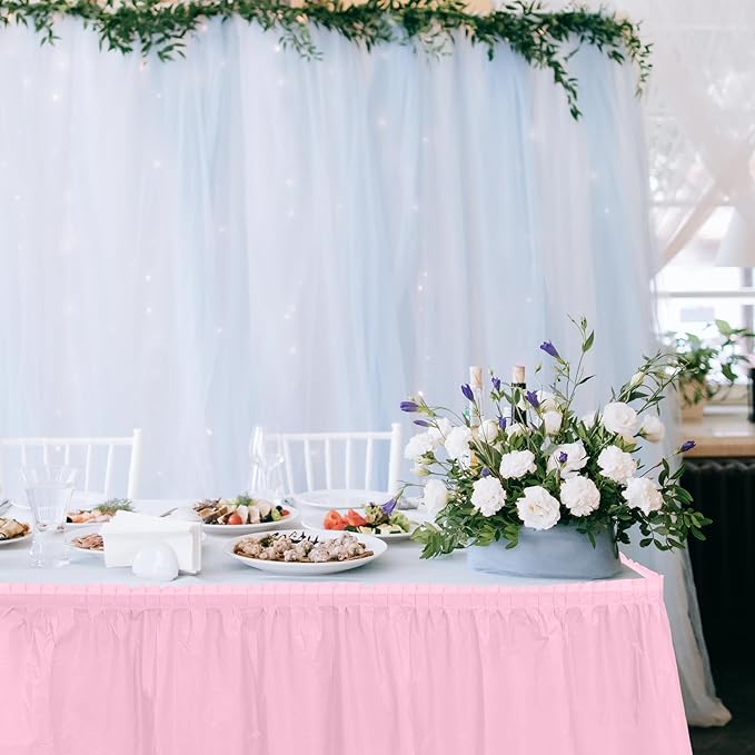 TURSTIN 2 Pieces Pink Plastic Table Skirts 14 x 29 Feet for Rectangle Tables Fitted Tablecloth Disposable Table Cover for Birthday Party, Events, Banquette Baby Shower