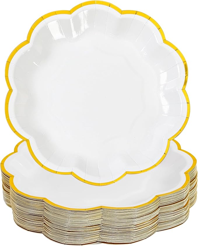 White Golden Party Plates Gold Foil Dessert Paper Plate 7inch Scalloped Edge Disposable Cake Plates for Tea Party Birthday Bridal Baby Shower Wedding Party Supplies (24, White)