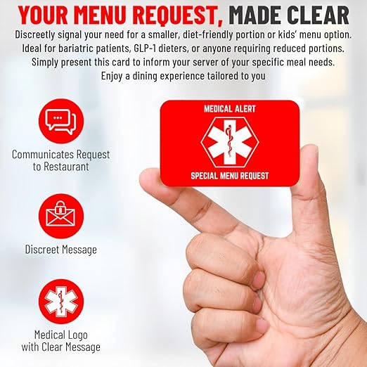 Bariatric Card for Restaurants, Special Menu Request Card, Portion Control Restaurant Request for Bariatric or Gastric Sleeve Patients, Wallet Sized, Set of 2 (5, Red, 3.375in x 2.125in)