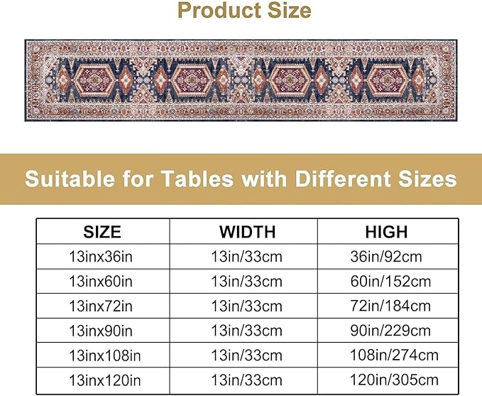 Vintage Boho Table Runner,Flower Geometric Design Rustic Farmhouse Table Runner for Home Farmhouse Kitchen Table Dining Coffee Room Garden Party Wedding Decor 13x120in