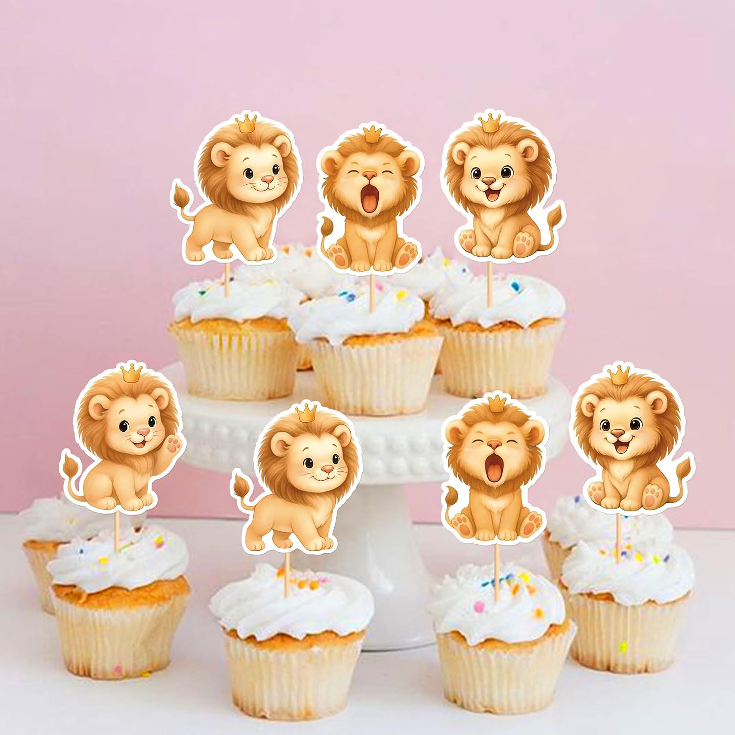 24Pcs Cute Lions Cupcake Topper Cartoon Lion Baby Cupcake Picks Safari Animal Food Picks for Baby Shower Boys Girls Lion Birthday Cupcake Decorations Lions Party Supplies