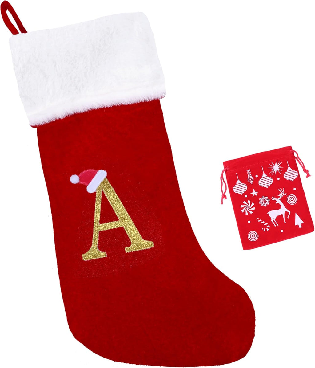 20 Inches Monogram Christmas Stockings with Letters Large Super Soft Christmas Stockings, Red Velvet with White Plush Cuff Embroidered Xmas Stocking for Christmas Family Decor Letter A