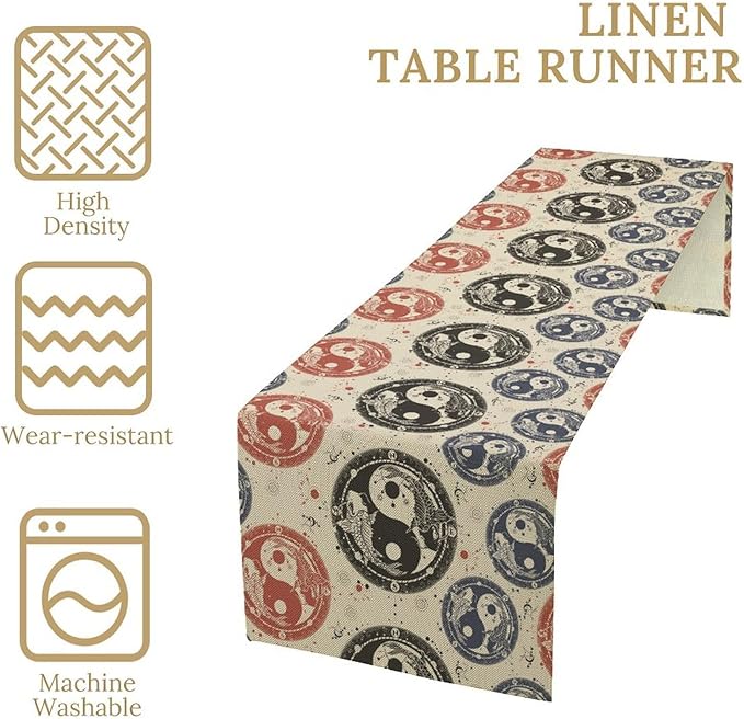 Yin Yang Table Runner, Vintage Mid Century Traditional Oriental Koi Fish Mystical Celestial Moon Stars Print Table Runner for Kitchen Dining Table Party Decor, 13x108inch