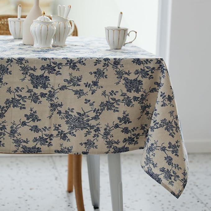 Pastoral Rectangle Tablecloth - 60 x 84 Inch - Beige Linen Table Cloth - Washable Table Cover with Dust-Proof Wrinkle Resistant for Restaurant, Picnic, Indoor and Outdoor Dining, Floral (Dark Blue)