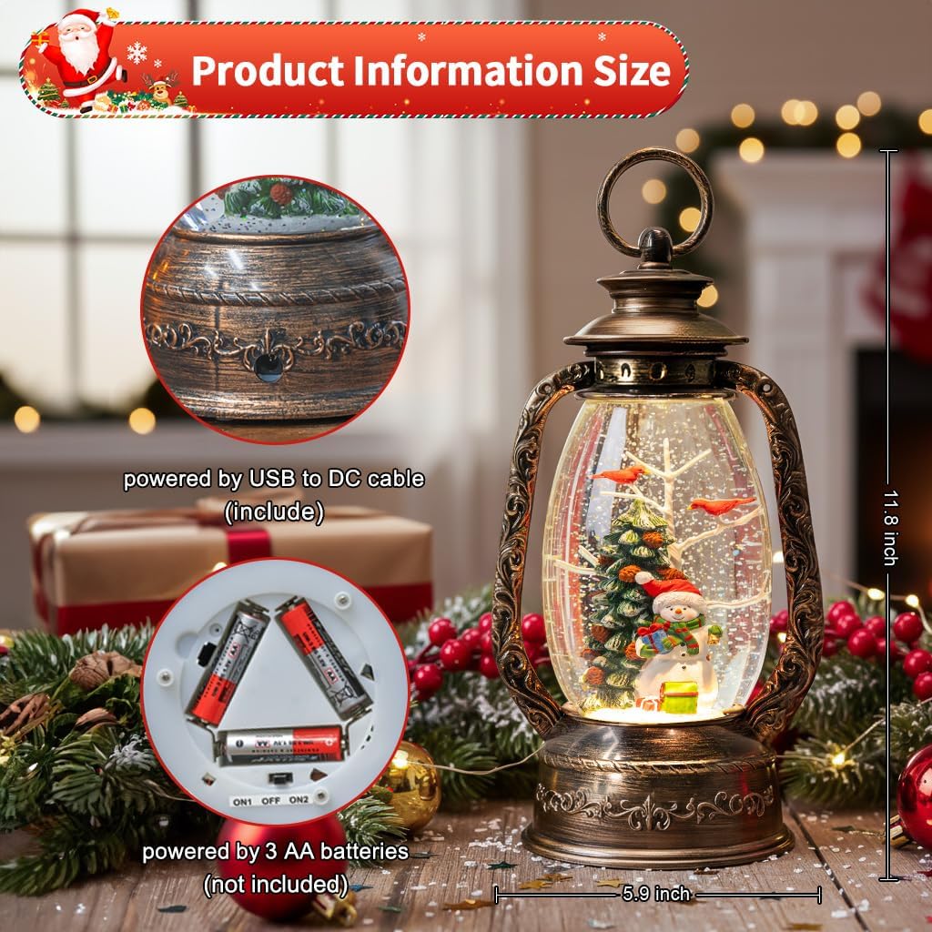 12" Christmas Snow Globe Lantern, Musical Snowman Snow Globes, Indoor Home Christmas Decor, Battery or USB Powered, with 6-Hour Timer, Christmas Decorations