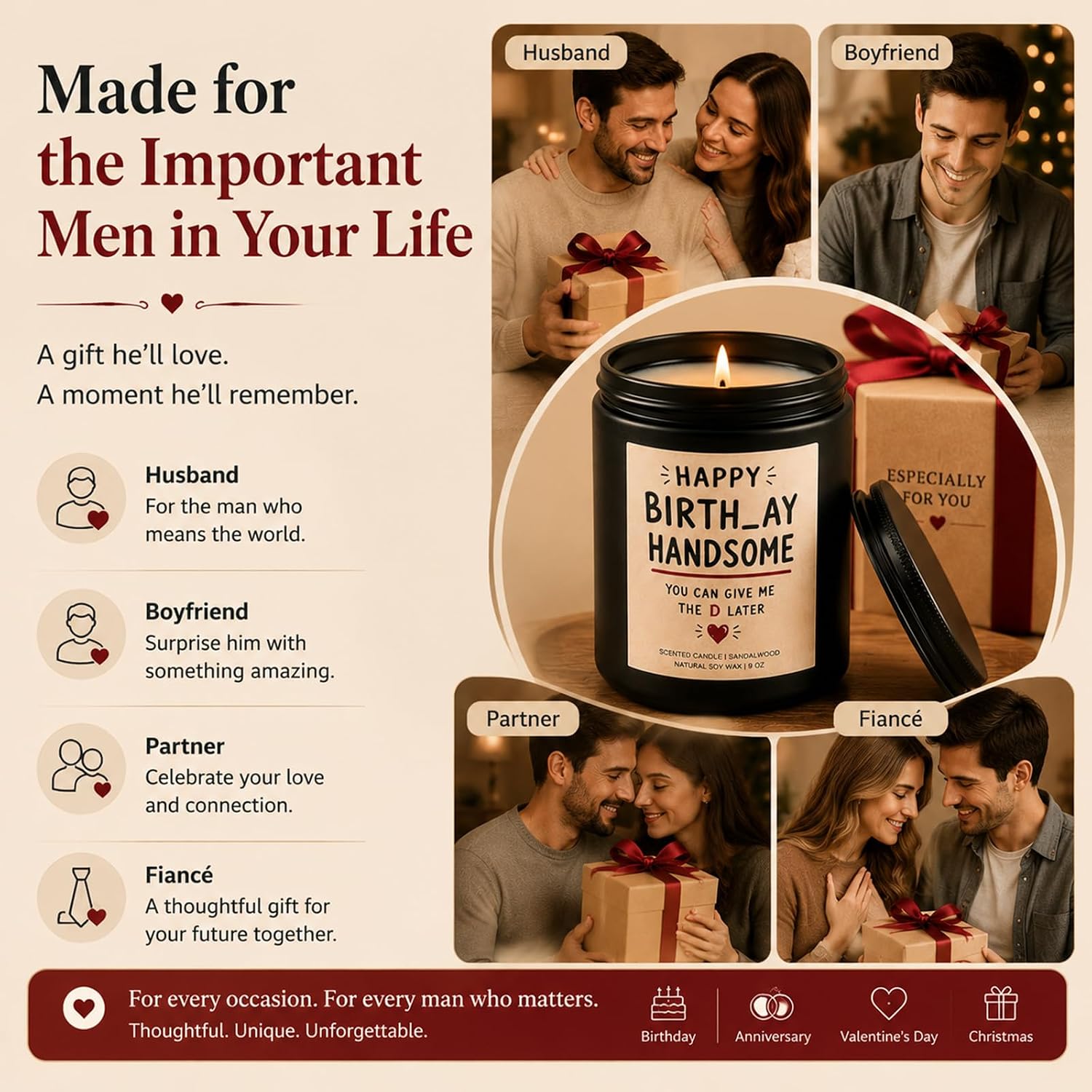 Funny Birthday Gifts for Husband, Boyfriend, Sandalwood Amber Soy Wax Candle for Him, Cheeky Birthday Gift for Men, 9 oz Black Jar Candle