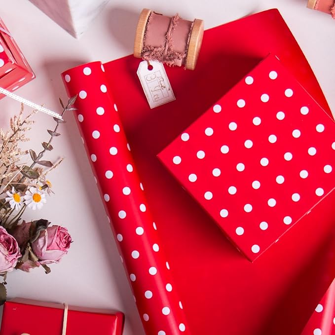 Flyhill Red Wrapping Paper,Reversible Gift Wrap Paper with Polka Dot Design for Girls,Birthday,Valentine's Day,Mother's Day(17 Inch X 32.8 Feet)