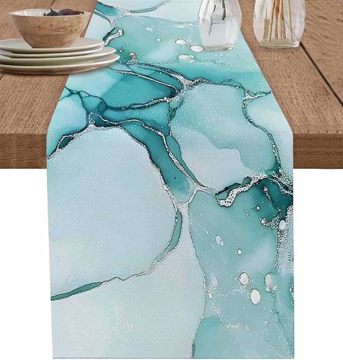 Turquoise Marble Cotton Linen Table Runner for Dining Kitchen, Wedding Outdoor Party Tablerunners Decoration, Nature Marble Crack Country Retro Dresser Scarf Coffee Tablecloth Runners 13x72 Inches